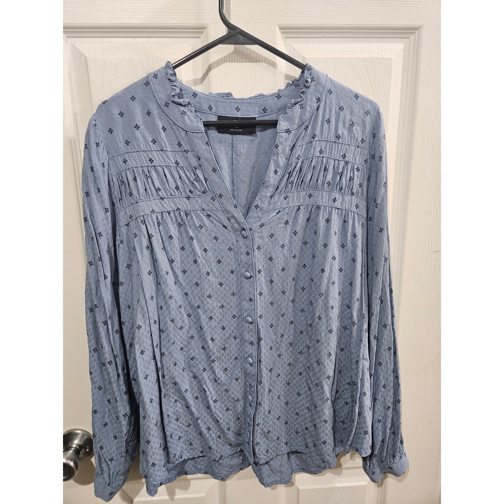 Lane Bryant Blue Geometric Print Ruffle Collar V-Neck Button Down Blouse Size 14